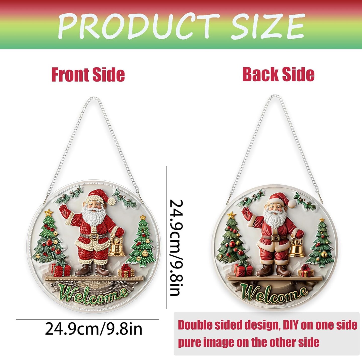 Hanging Diamond Art Ornament Kit Welcome Sign, Special Crystal Double Sided Diamonds Painting Pendant Kit for Adults Santa Claus, DIY Acrylic Gem Painting Board Kit
