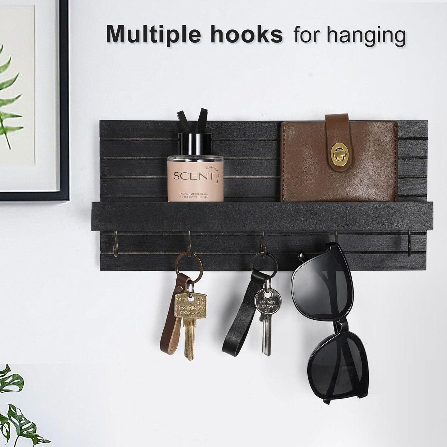 Decorative Wall Key Holder with Shelf – Medium Black Entryway Organizer with Hooks for Keys, Leashes, Jackets, and Glasses, Sturdy Wooden Hanger with Mounting Hardware
