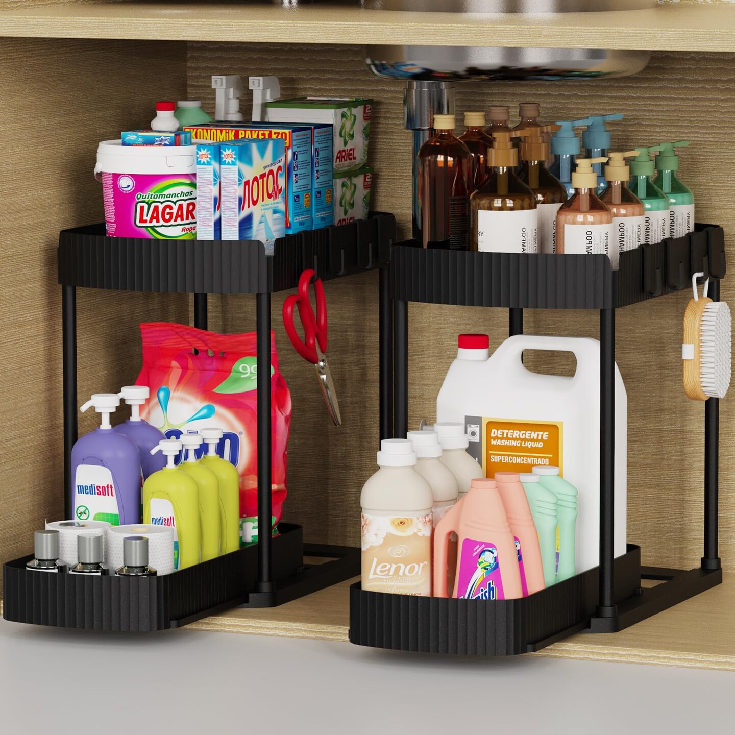 2 Pack Multi-Purpose Pull-Out Storage Organizers, Under Sink Organizers and Storage for Bathroom &#x26; Kitchen, Under Cabinet Organizers and storage, 12.8 Inch, Black