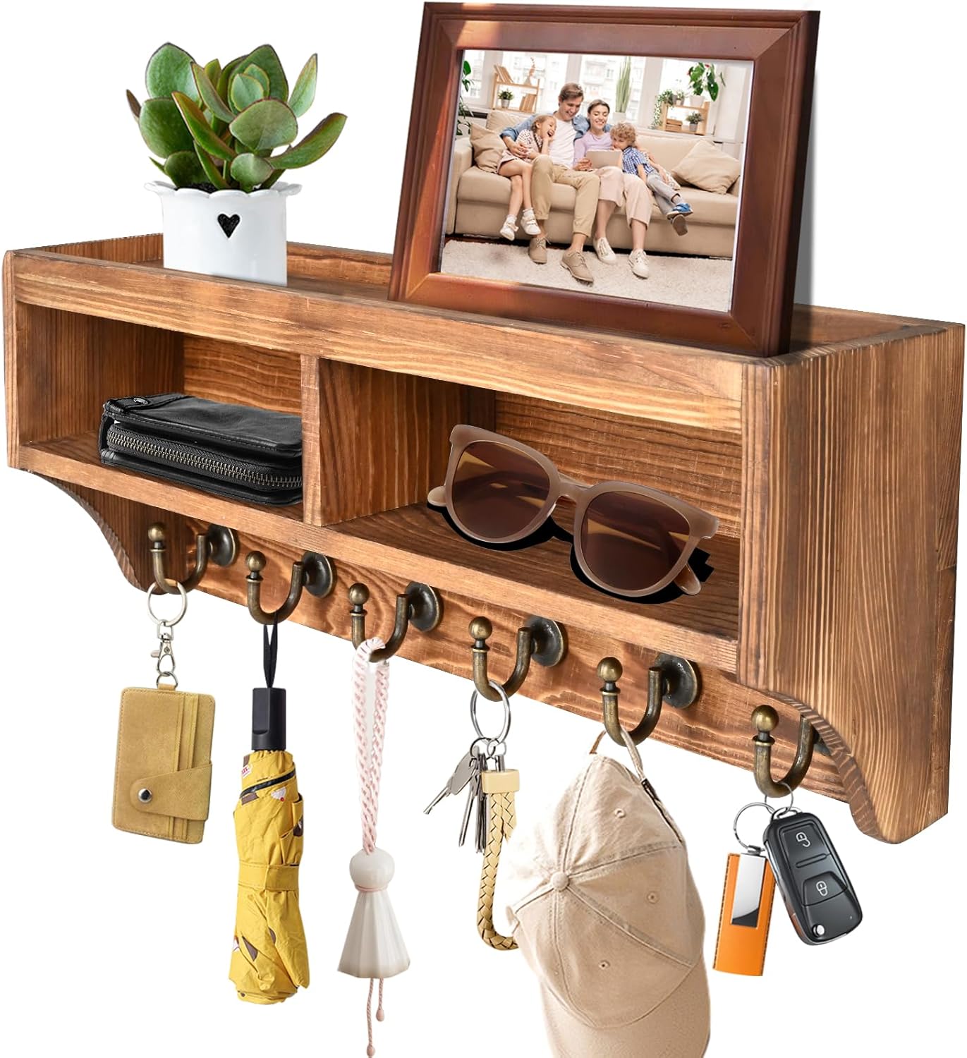 Key Holder Wall Mount - Mail Organizer Wall Mount with 6 Key Hooks and Storage Box for Sunglasses Storage and Dog Leash Holder Home Decor Rack Apartment Essentials Farmhouse Shelf Entryway Organizer