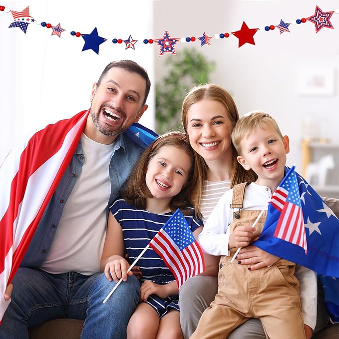 Patriotic Red White Blue Garland, 4th of July Wooden Beads Garland with Star Charms Rustic Farmhouse American Colors for Independence Day Memorial Veterans Fireplace Wall Decorations