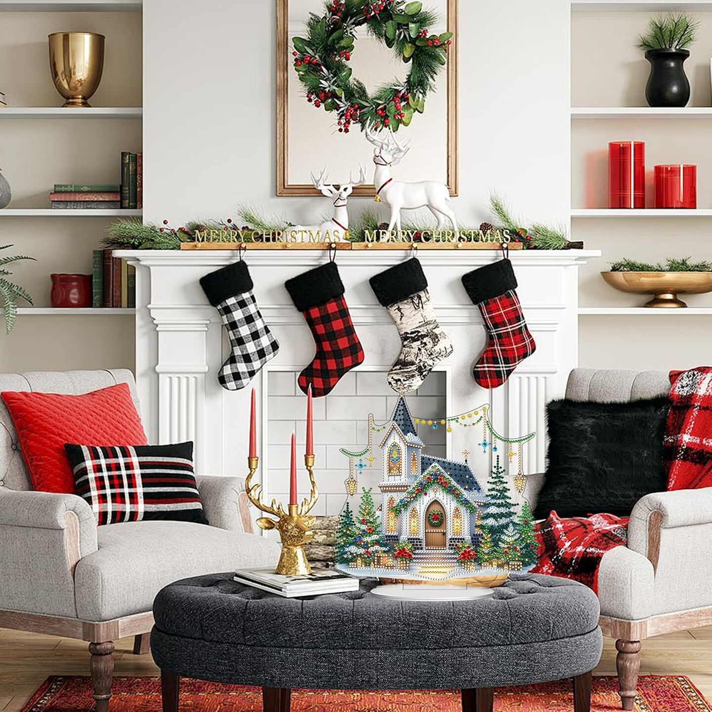 DIY Tabletop Diamond Art Painting Kit – Special Shaped Rhinestone Desk Ornament (Double-Sided, Christmas House-2)