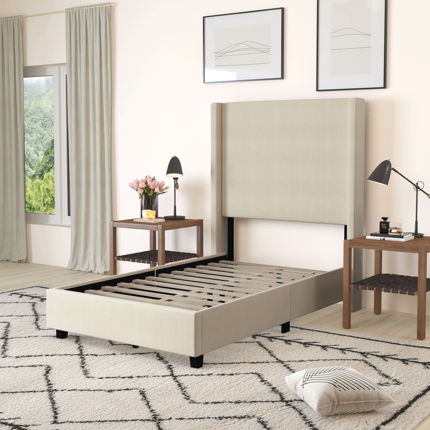 Merrick Lane Bramlett Modern Platform Bed - Gray Faux Linen - Queen - Padded Wingback Headboard - 6&#x22; Floor Clearance - Wood Support Slats - No Box Spring Needed