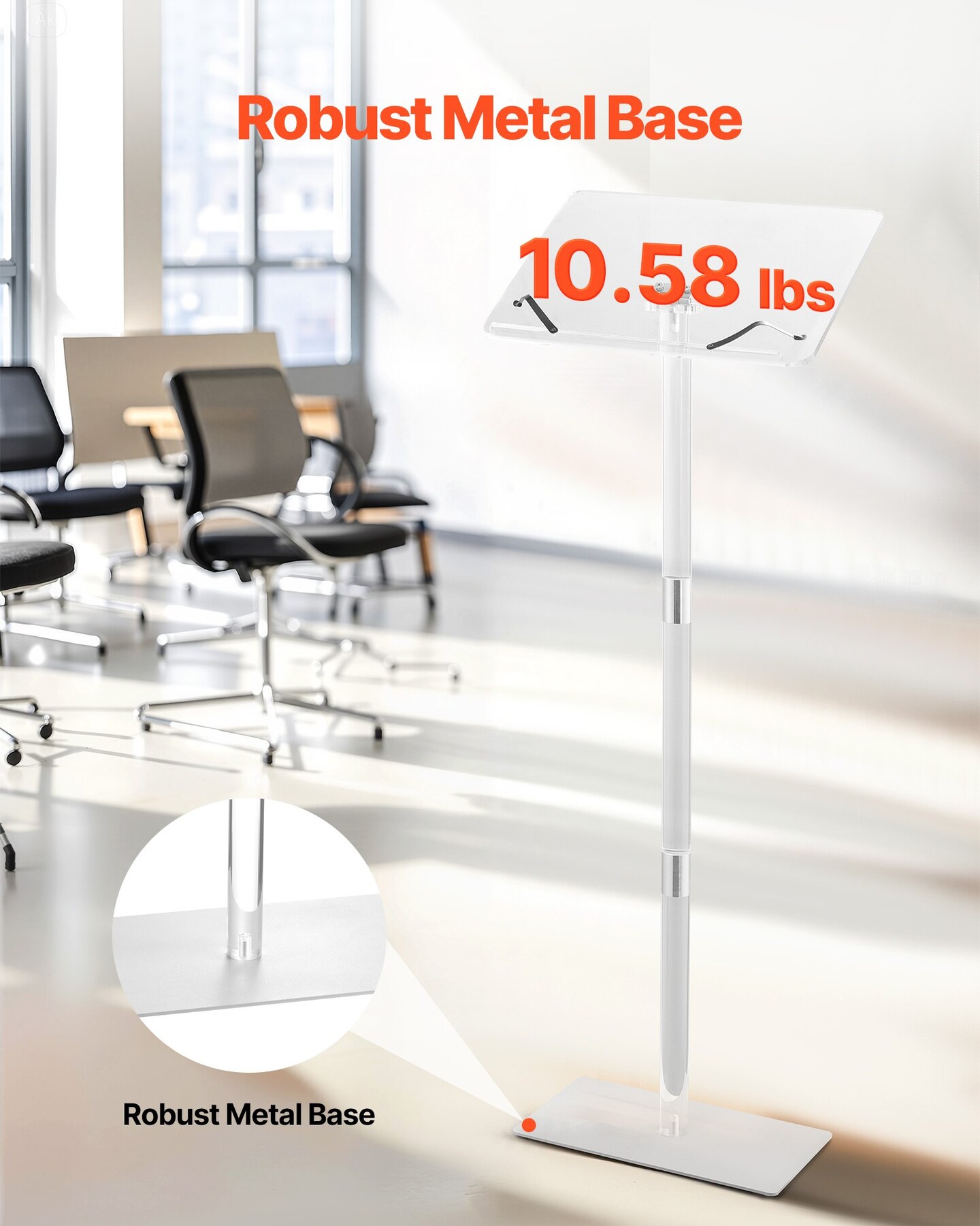 43 Inch Acrylic Podium Stand with Adjustable Angle and Book Clips