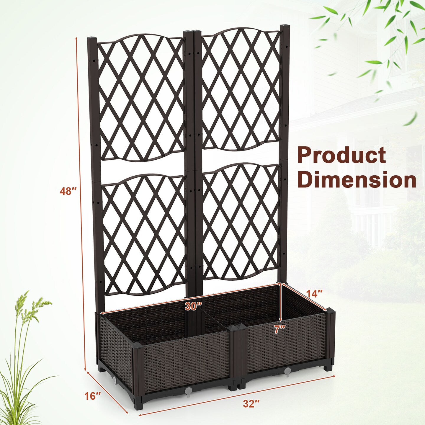 Set of 2 Raised Garden Beds PE Rattan with Trellis for Plants