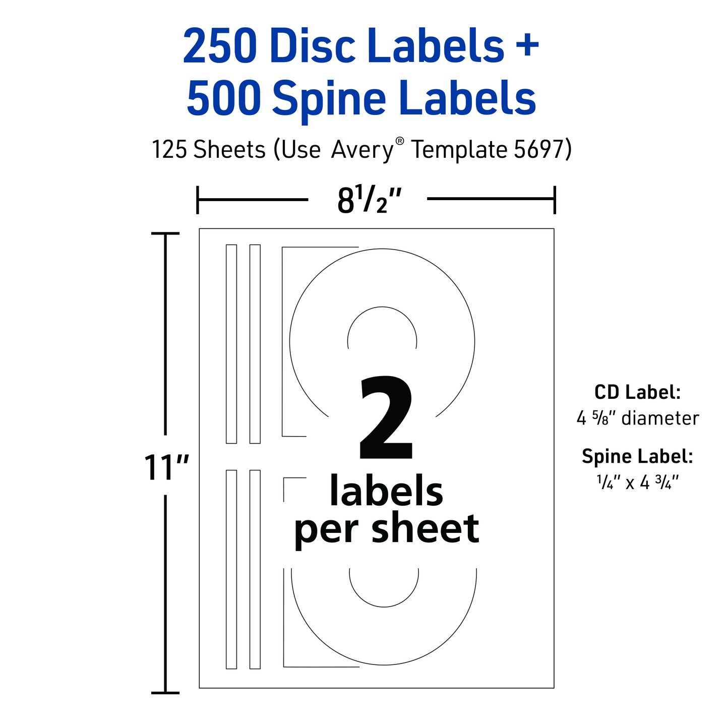 Avery Printable CD Labels, Matte White, Permanent Adhesive, Laser Printer Compatible, 250 Disc & 500 Spine Labels (5697)