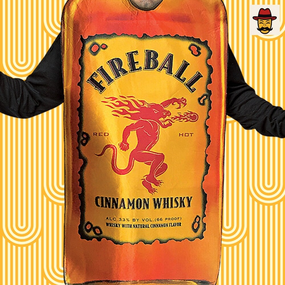 Fireball Get Real Bottle Costume Burnt Orange Tunic Cinnamon Whisky Print Halloween Party Outfit