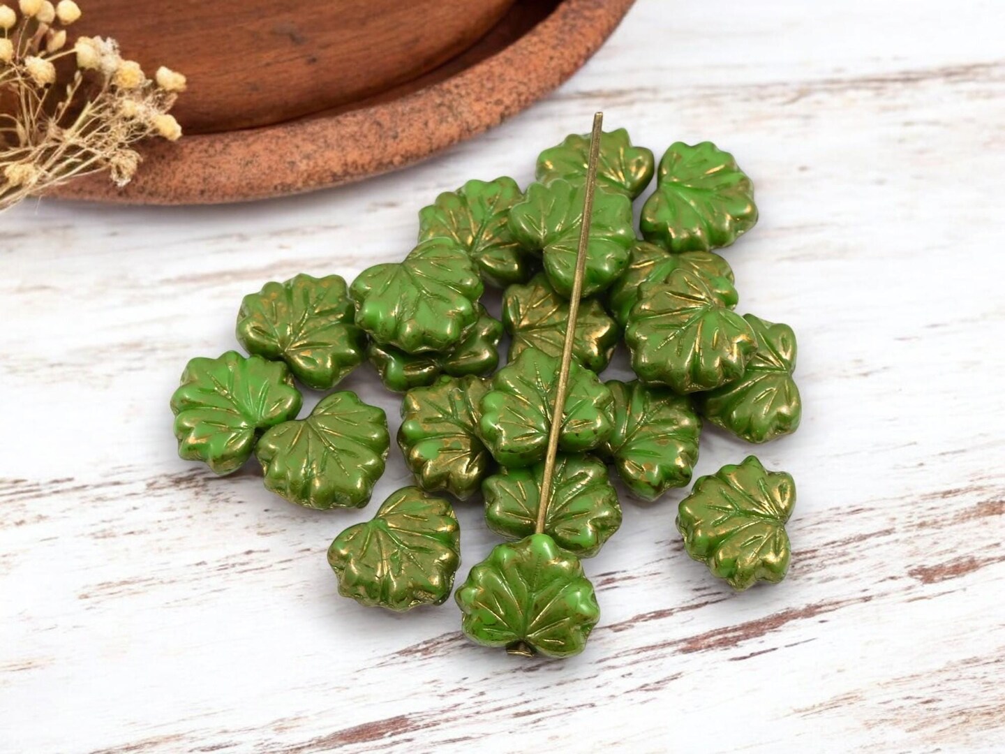 *20* 10x13mm Gold Lustered Olive Green Maple Leaf Beads