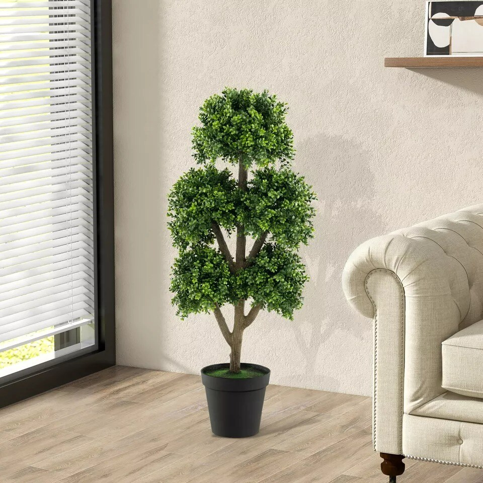 45&#x22; Tall Fake Potted Boxwood Tree w/ 5 Ball-Shaped Topiaries Home Office