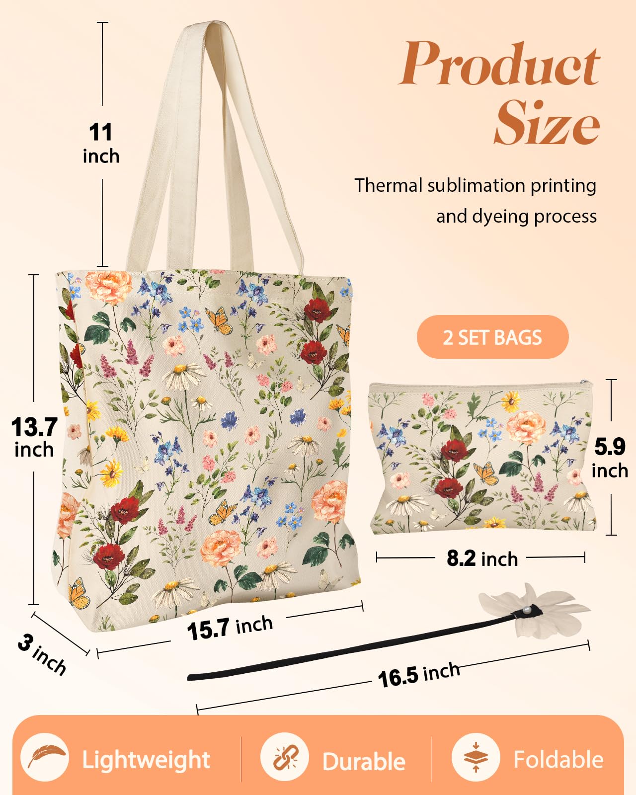 2 Pack Canvas Tote Bag - with Makeup Pouch Zipper Bag for Women Retro Flowers Reusable Grocery Cotton Cloth Shoulder Bag for Gym, Travel, Work
