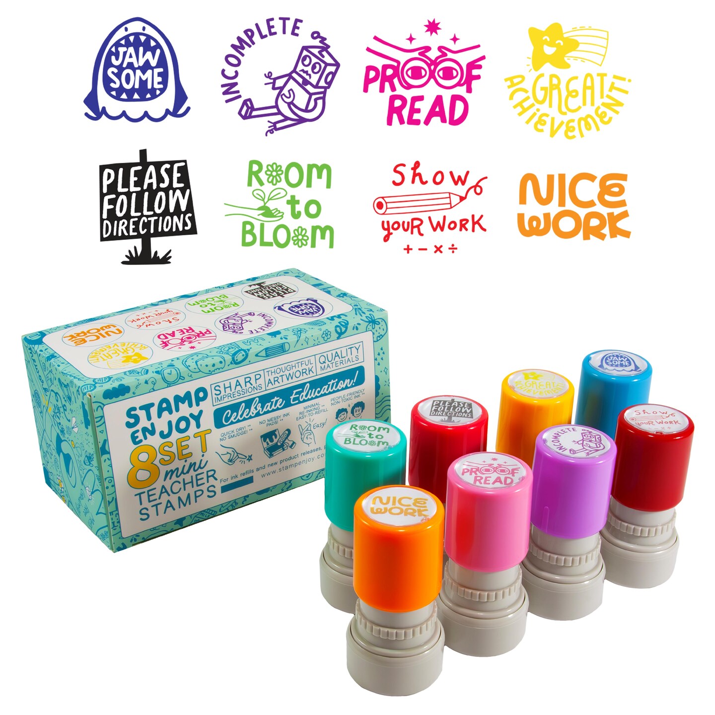 Stamp Enjoy - 8 Self-Ink Flash Stamp Set, Multicolor Teacher Stamps, Office Stationery Stamps, Pre-Inked, Refillable Stamps