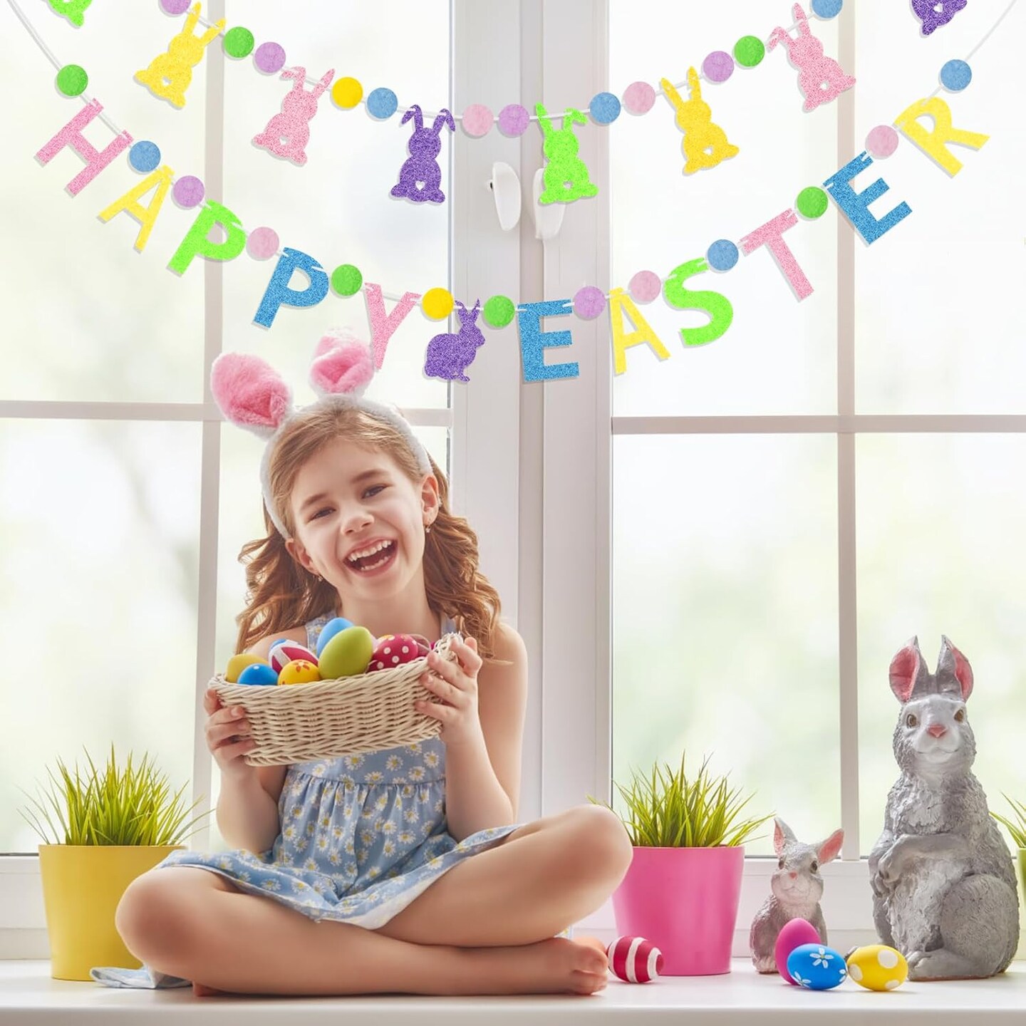 Happy Easter Garlands – Prestrung Felt Bunny & “Happy Easter” Banners for Mantle, Fireplace, Wall & Outdoor Spring Decor