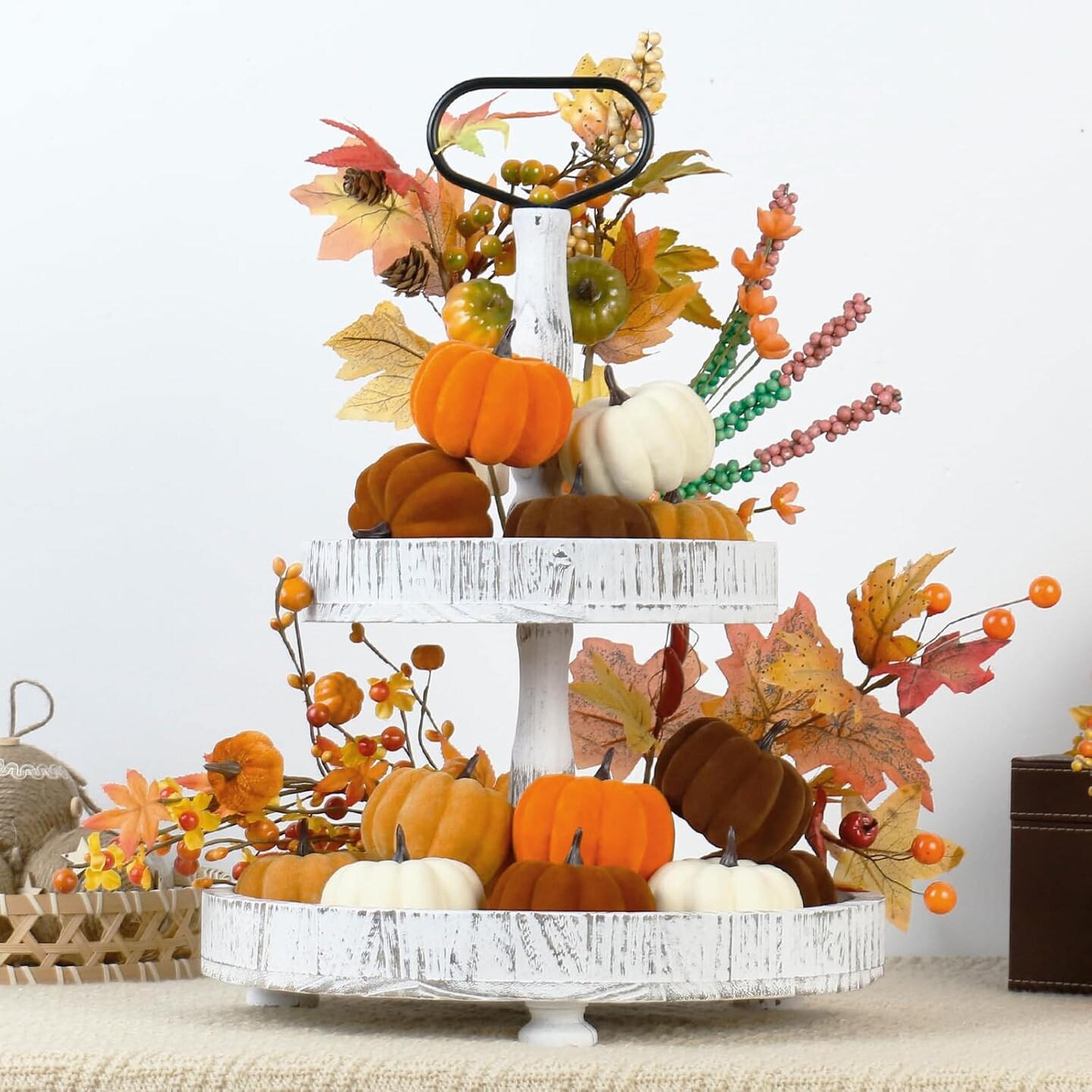 15PCS Artificial Fall Flocked Pumpkins Tabletop Decor