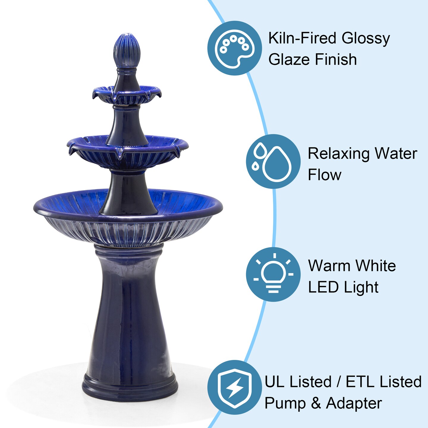 45.25&#x22; Oversized 3-Tier Pedestal Ceramic Outdoor Fountain with LED Light, Includes Pump, Multiple Colors