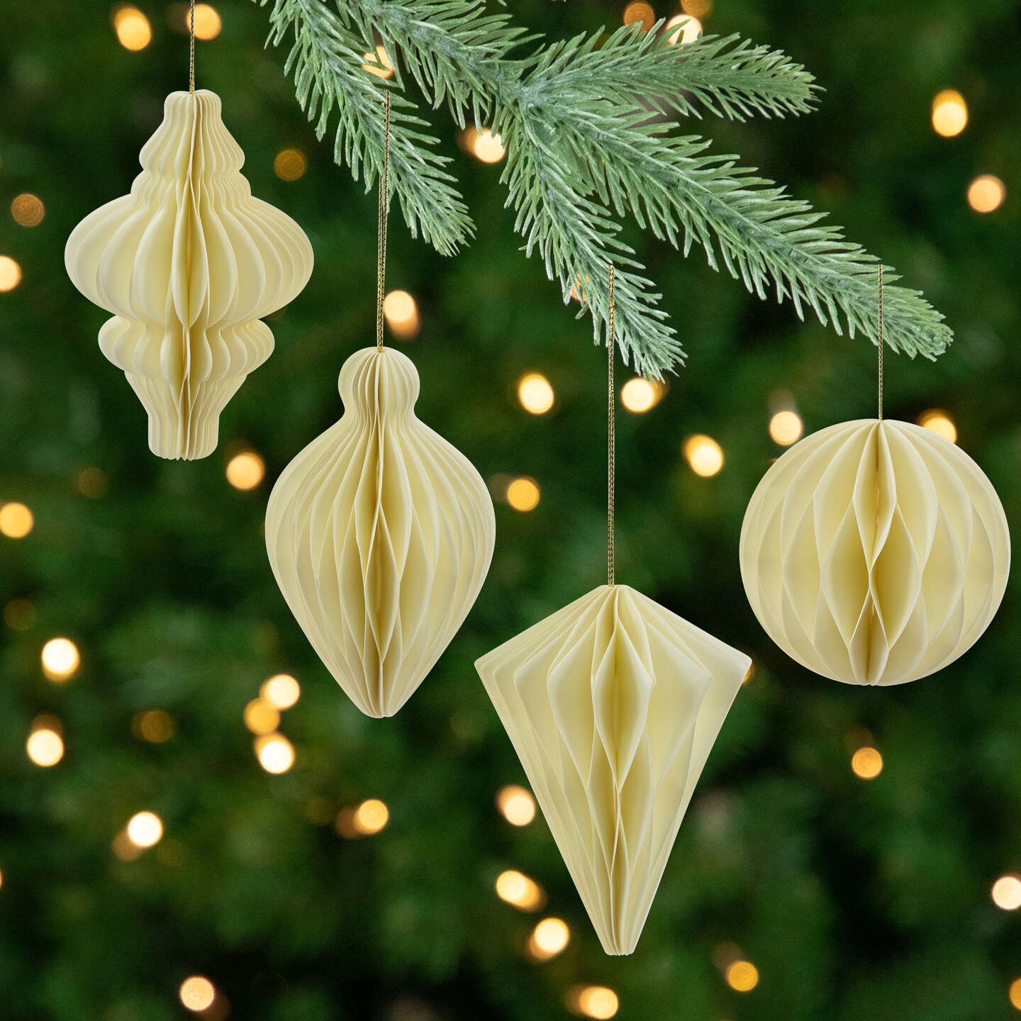 Northlight Foldable Paper Honeycomb Christmas Finial Ornaments - 4" - Cream - Set of 4