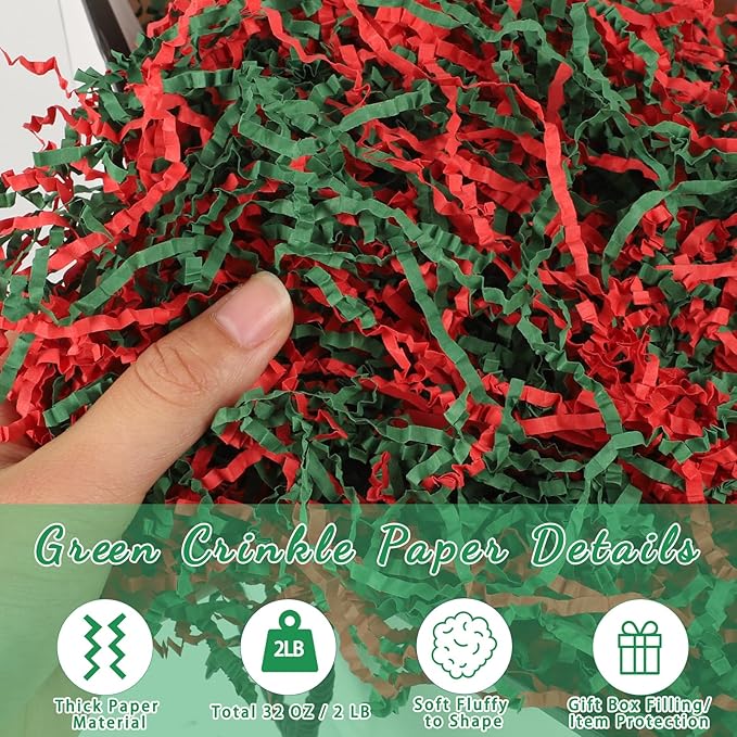 2 LB Crinkle Cut Paper Shred Filler, Red &#x26; Green Christmas Crinkle Paper Shredded Paper Stuffing for Christmas Gifts Gift Wrapping Baskets Box Filling Birthday Wedding Anniversary