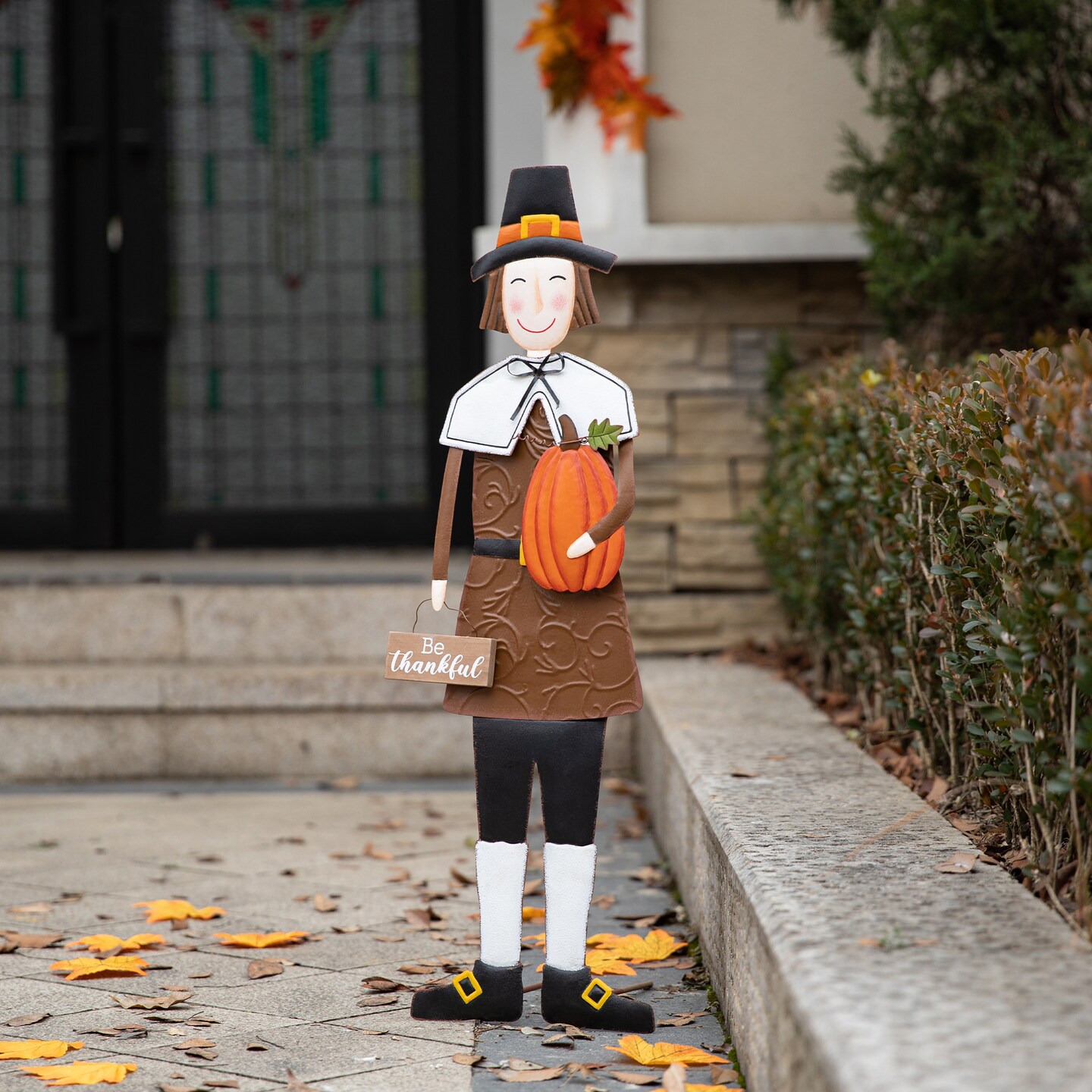 36&#x22;H Metal Boy Thanksgiving Pilgrim Yard Stake, Standing Decor or Hanging Decor (KD, Three function)