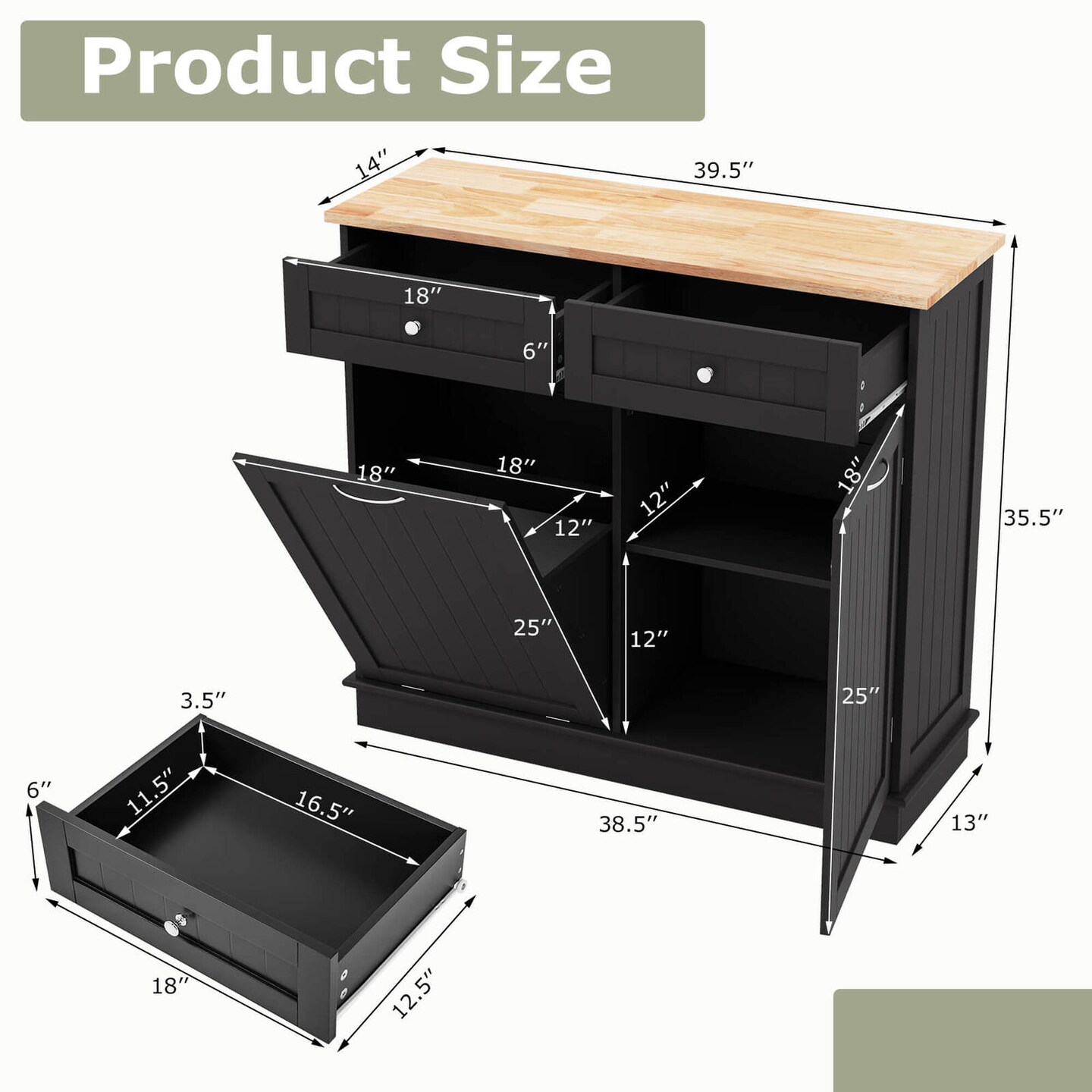 Costway Wooden Kitchen Trash Cabinet Tilt Out Bin Holder w/ Drawer & Storage Shelf Black/White/Coffee/Gray