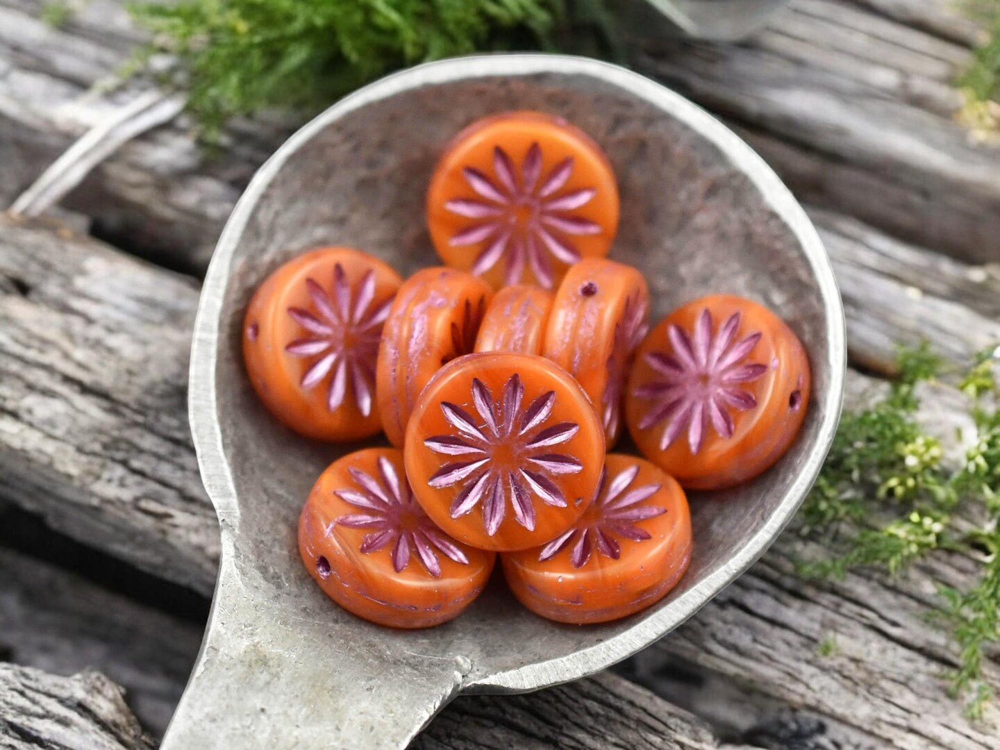 *15* 12mm Pink Washed Orange Opaline Aster Flower Coin Beads