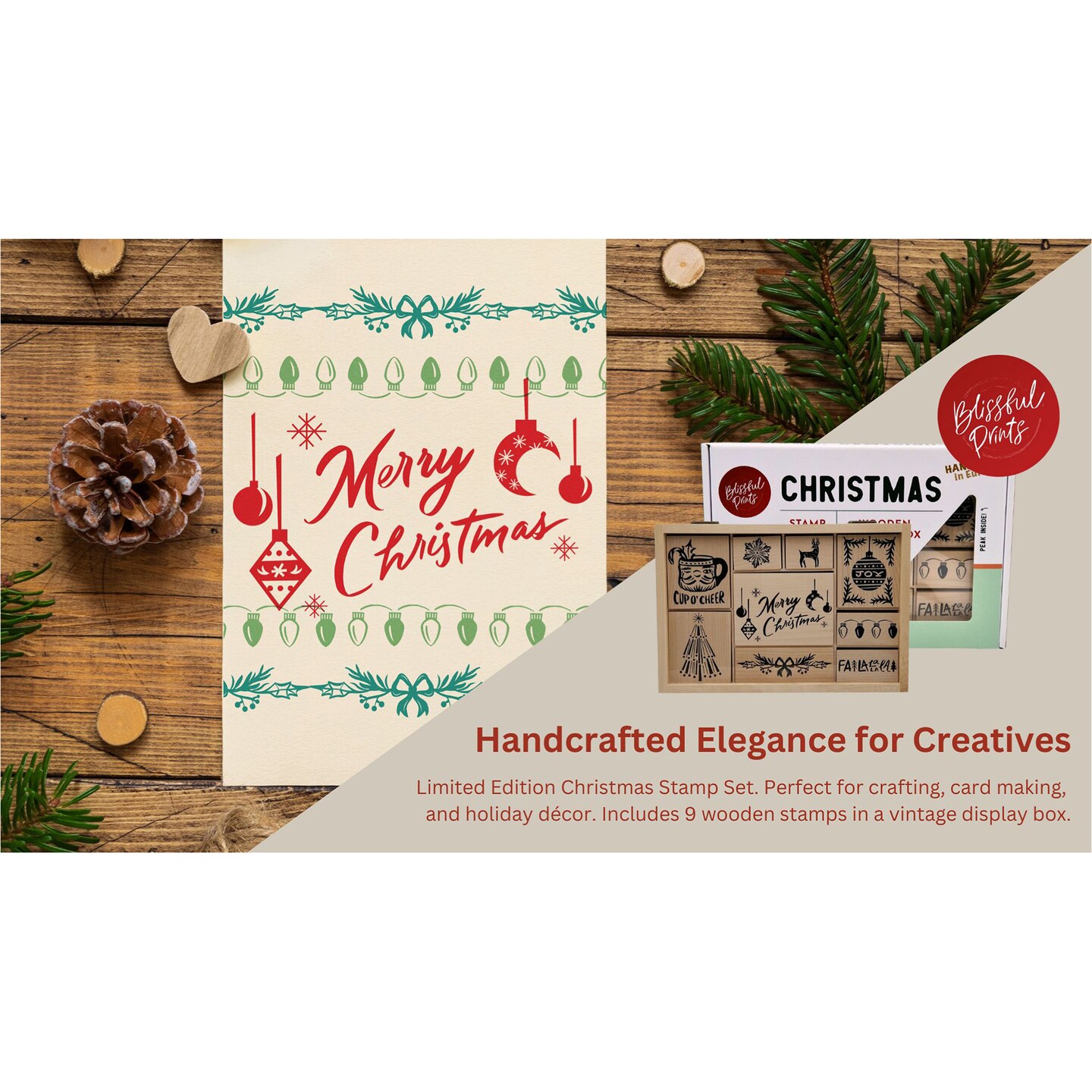 COLOP Blissful Prints ( LIMITED EDITION) Holiday Stamp Set, 9 Piece Giftable Christmas Stamp Set with Decorative Box, Stamps for Christmas Cards, Gift Tags, and Holiday Scrapbooking (Christmas)