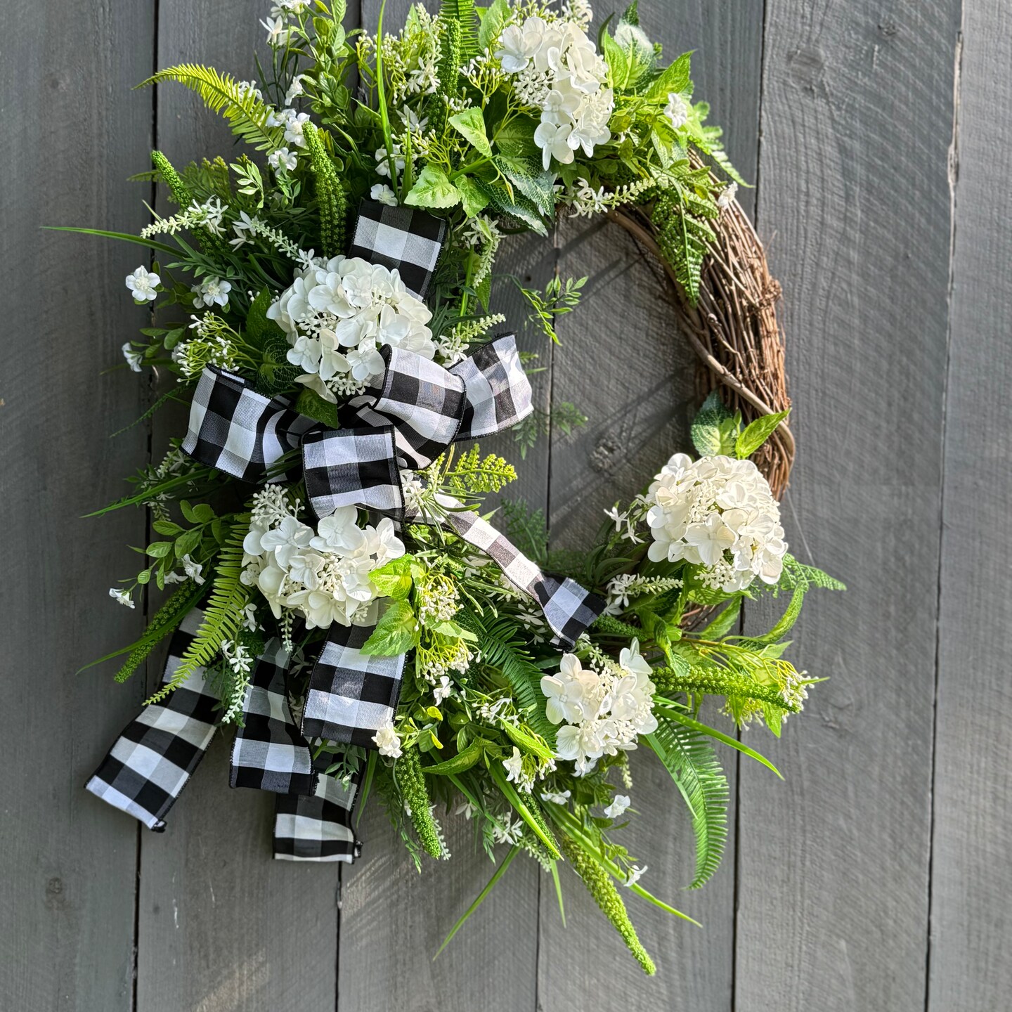 Hydrangea Grapevine Wreath with Black and White Plaid Ribbon