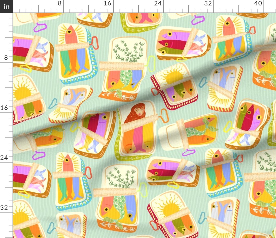 Whimsical Mermaid Tail Fish Tinned Novelty Colorful Quirky Mermaids Under The Sea Ocean Sardines Pink Green Red Orange Sun Yellow Sunshine Custom Printed Fabric by Spoonflower Various Fabrics by the Yard or Fat Quarter
