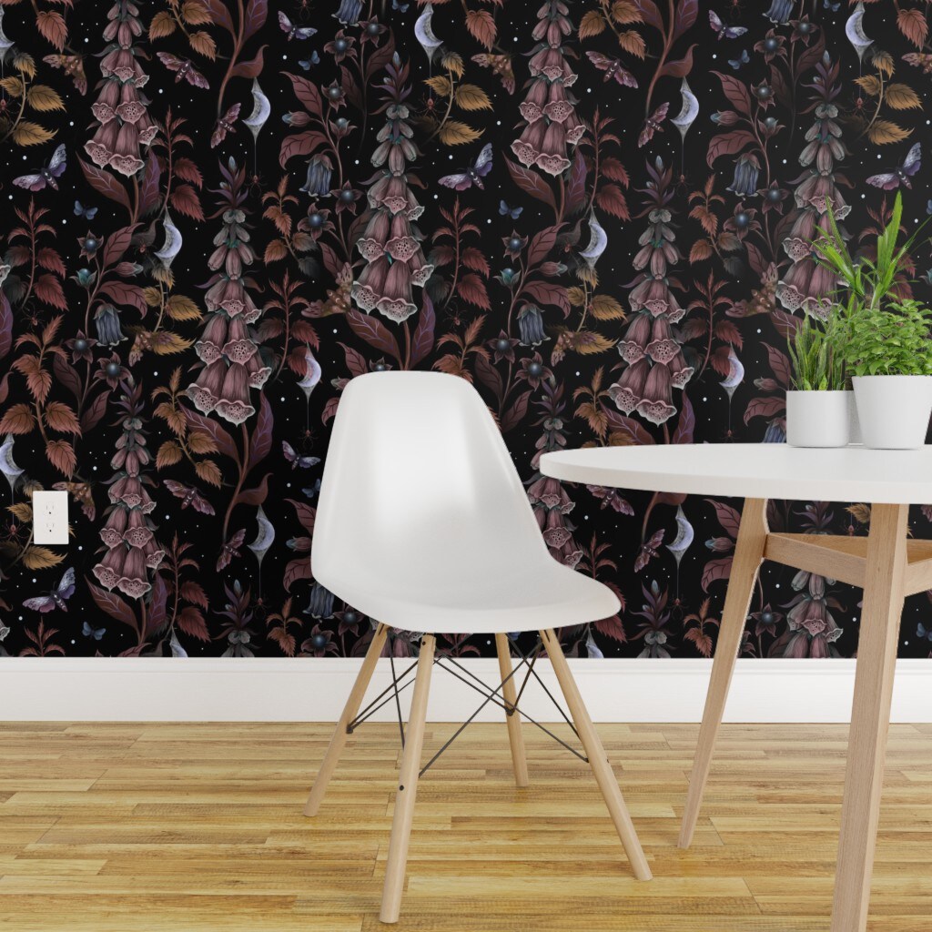 Pre-Pasted Wallpaper 2FT Wide Foxglove Digitalis Poisonous Plants Gothic Botanical Spider Magical Mystical Crescent Moon Custom Pre-pasted Wallpaper by Spoonflower