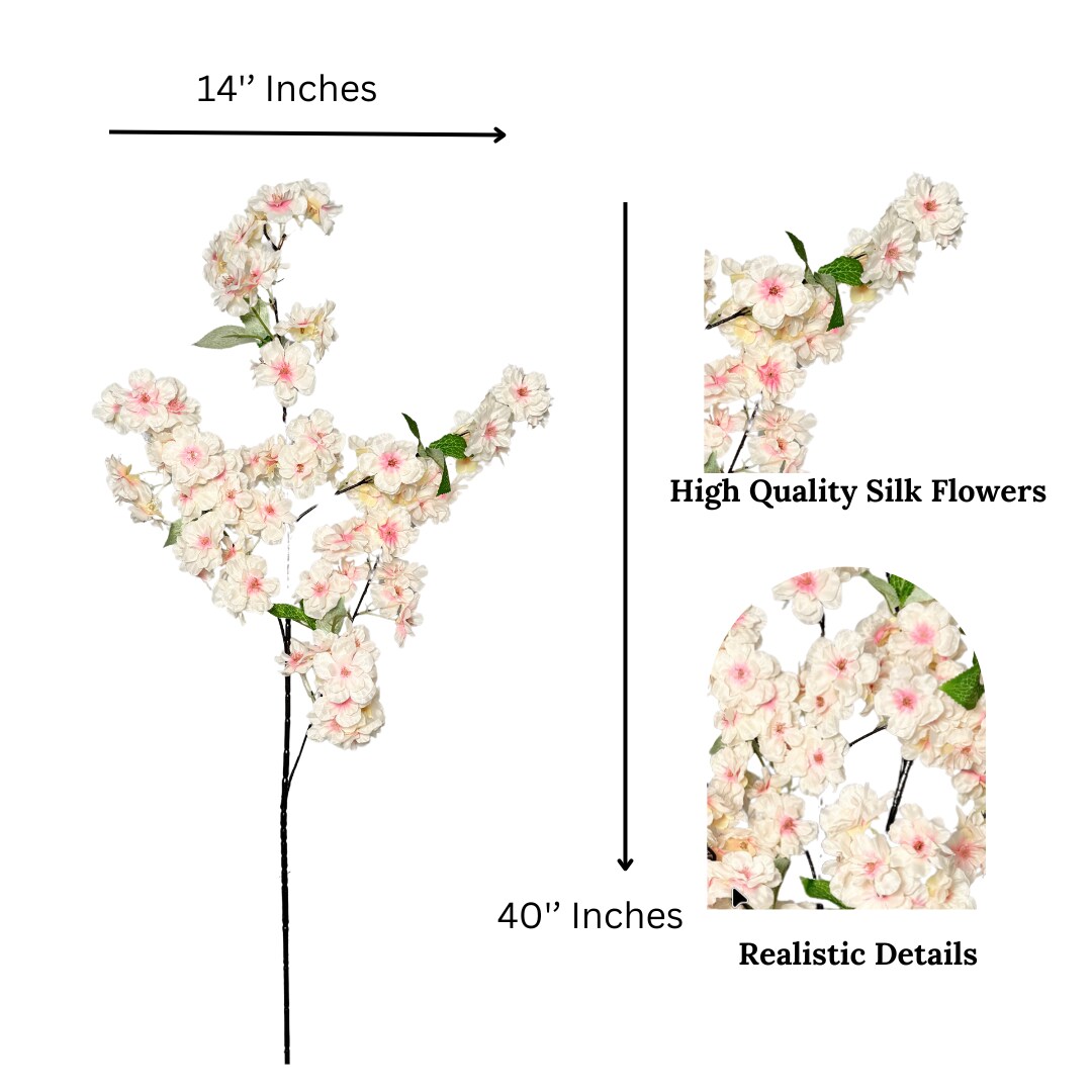 Jade Cream Blush Pink Silk Cherry Blossom Flower Branches Set of 3 Pack 40''