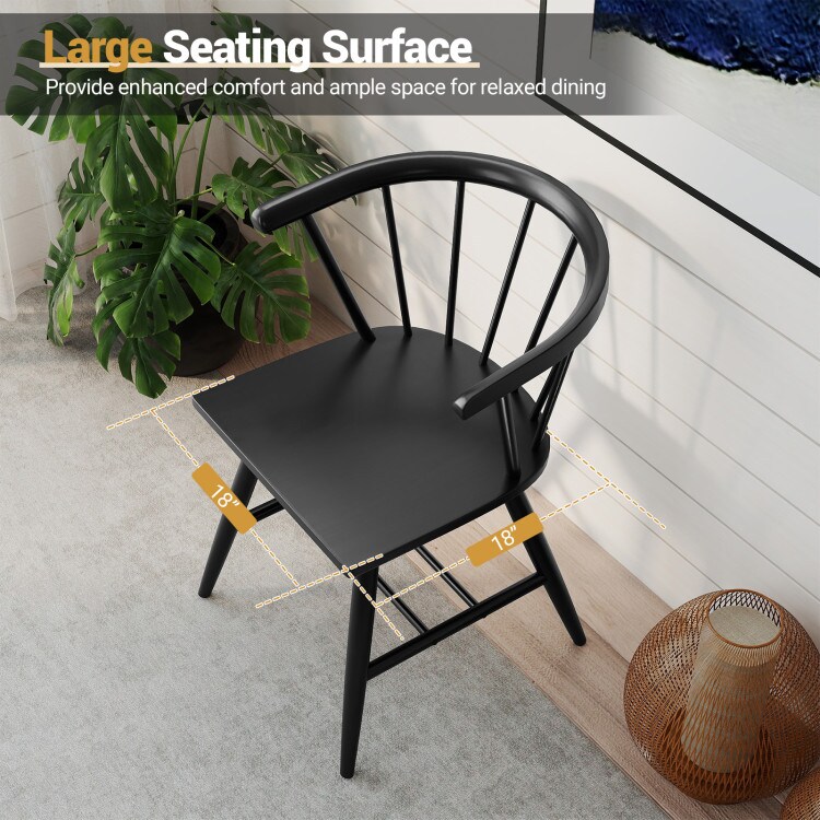 Set of 2 Windsor Dining Chair Mid-Century Modern Black Kitchen Chairs, Rubberwood Frame