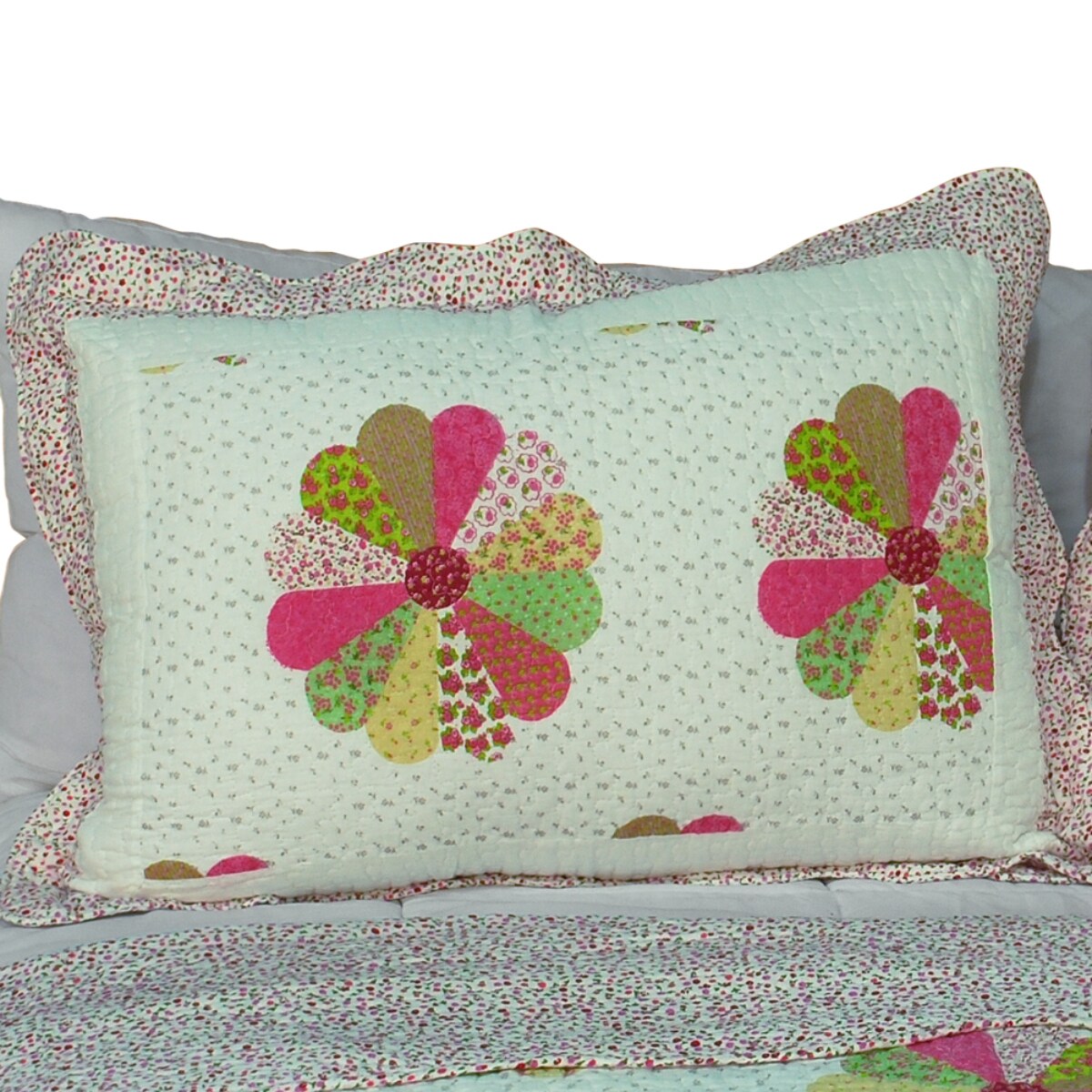 Full/Queen Cotton Floral Quilt Set with 2 Shams, Vermicelli Quilted