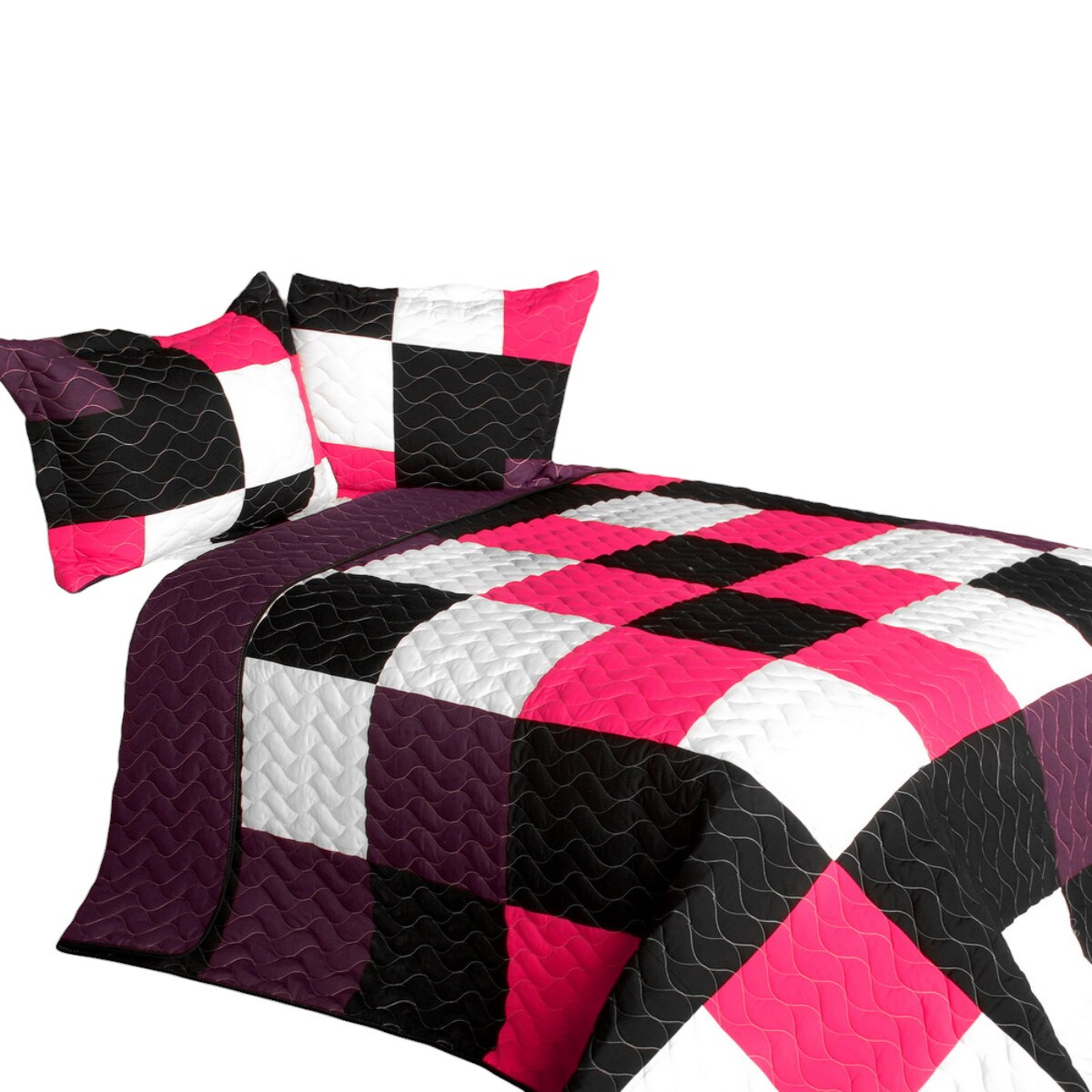 Full/Queen 3-Piece Patchwork Checkered Quilt Set Reversible Vermicelli Quilted Handmade Bedding