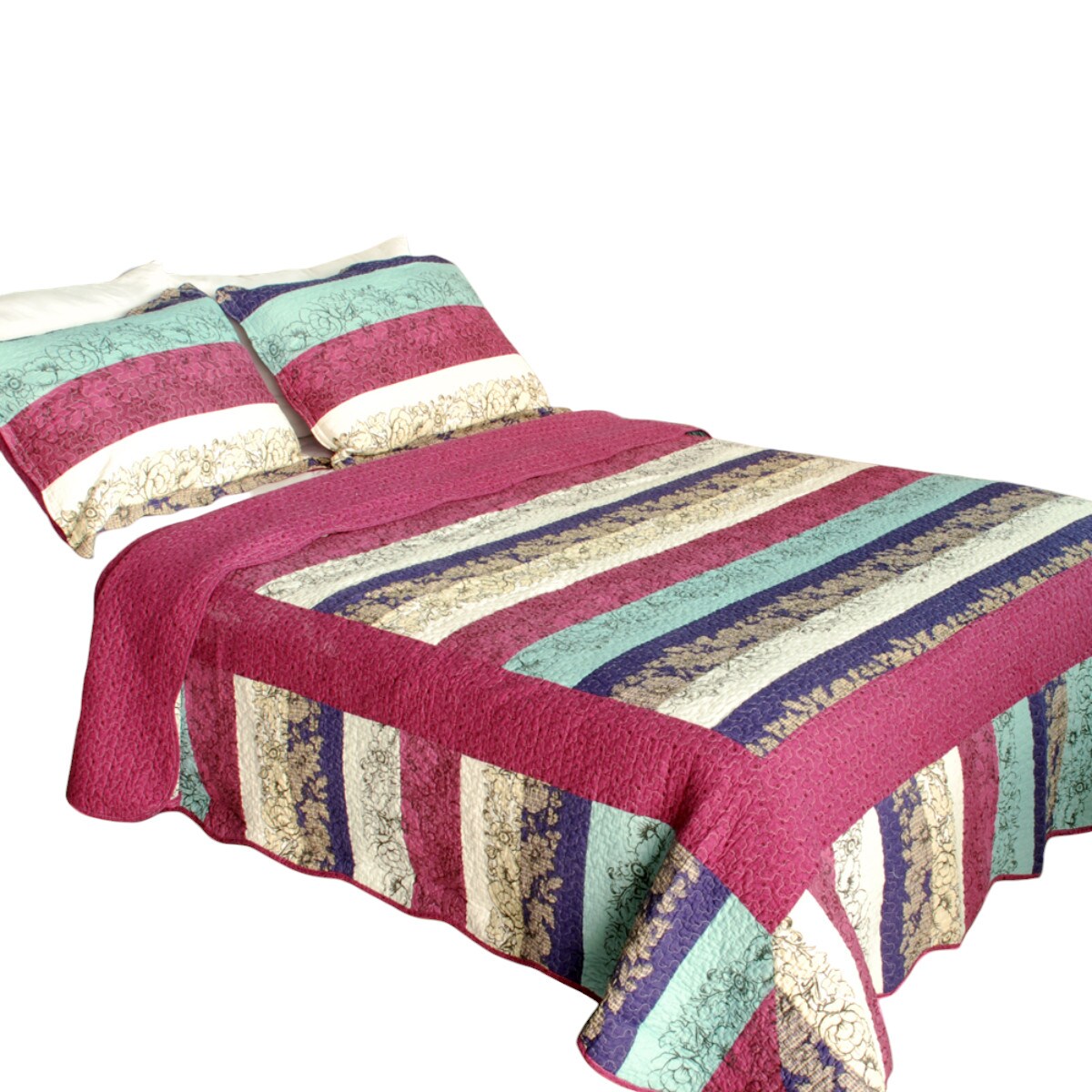 Full/Queen Cotton Quilt Set 3-Piece Vermicelli Quilted Stripes 90x98