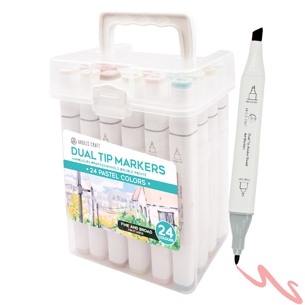 Angels Craft 24 Count Dual Tip Alcohol Markers in Pastel Colors Includes Clear Plastic Storage Case