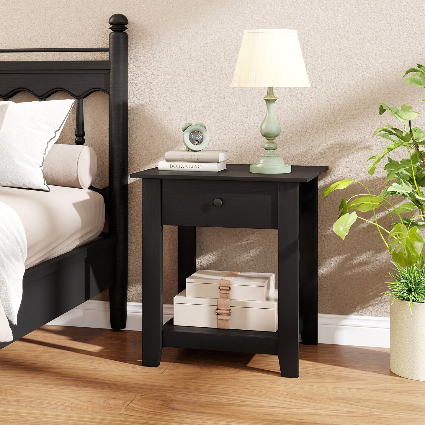 Modern Nightstand with Drawer 3-Tier Bedside Table with Open Shelf Storage
