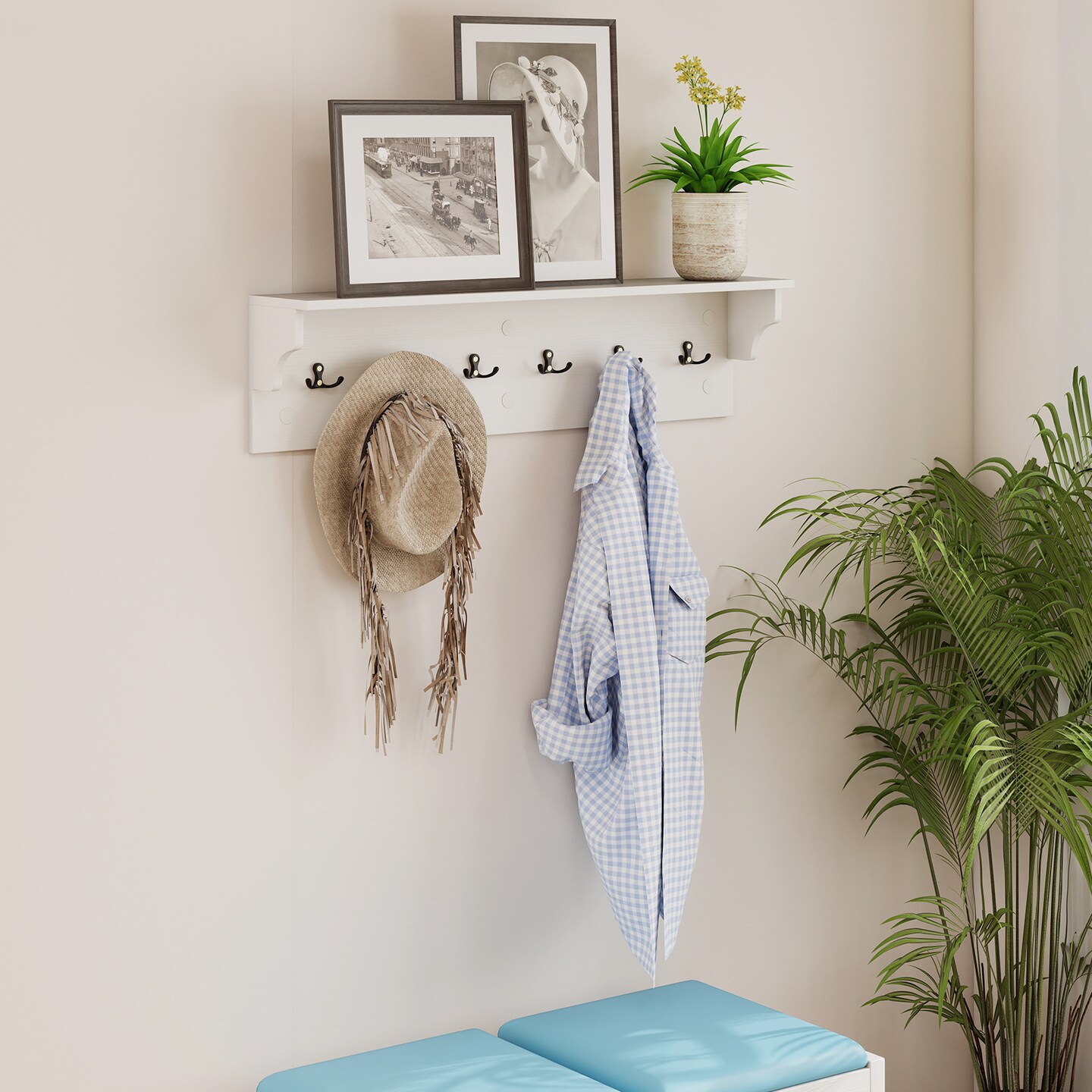 Wall Mounted Coat Rack with Shelf, 6 Hooks & Top Storage Engineered Wood