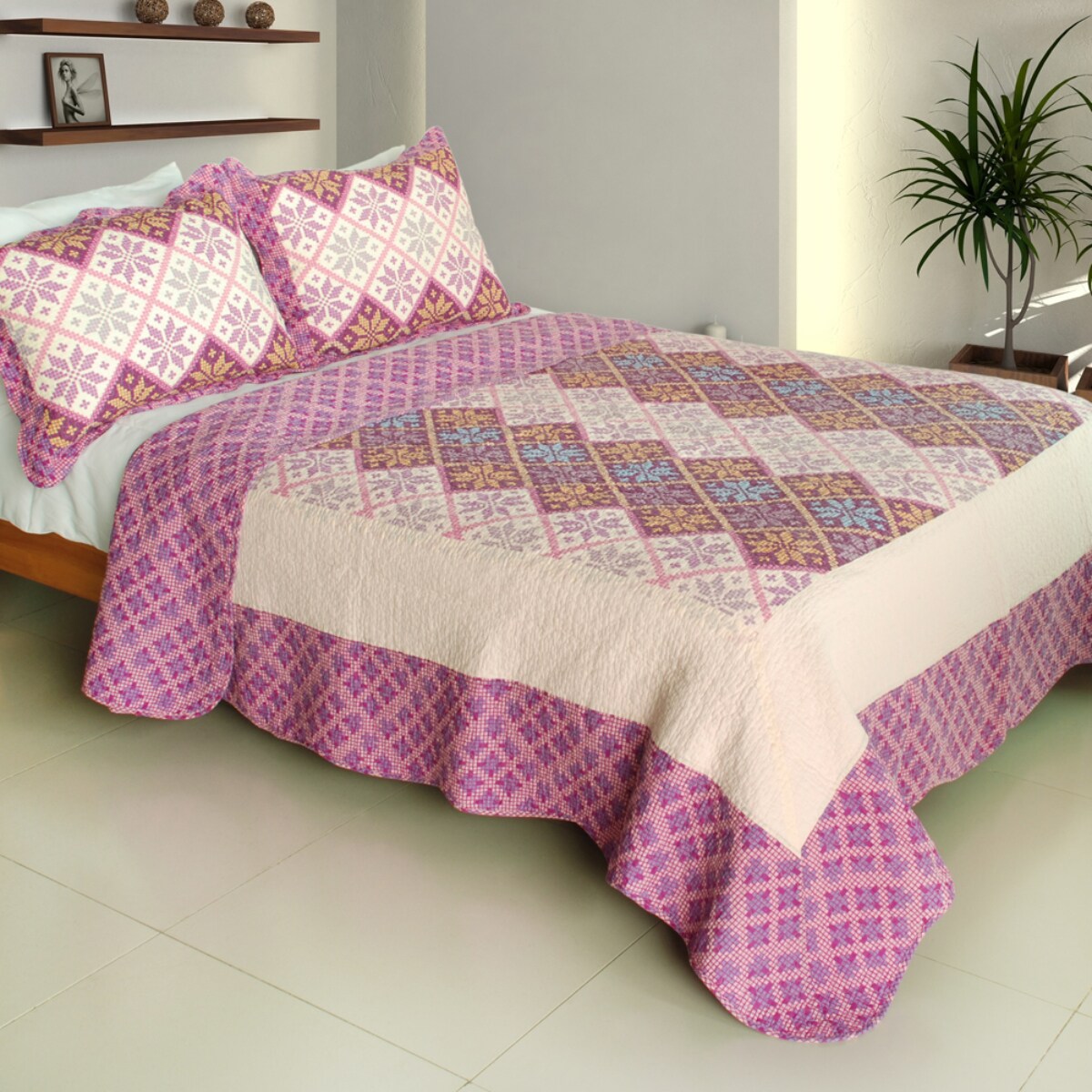 Full/Queen Cotton Quilt Set 3-Piece Geometric Vermicelli Quilted