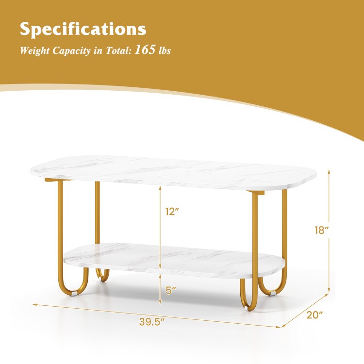 2-Tier Faux Marble Coffee Table Modern Design with Sturdy Metal Frame