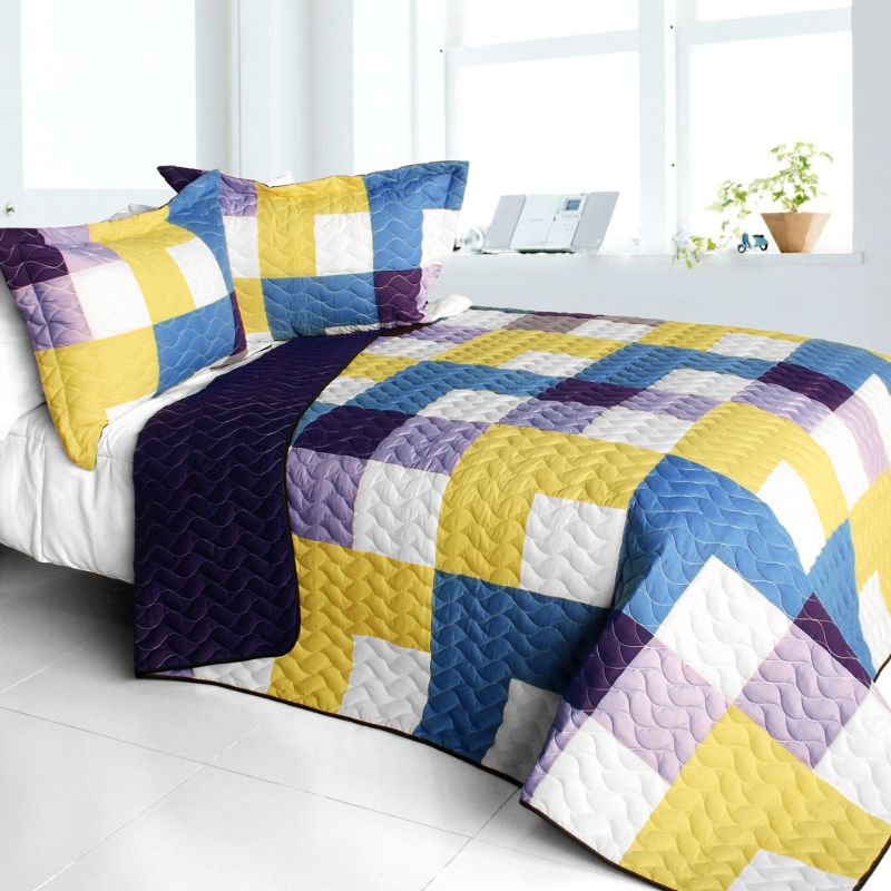 3 Pieces Full/Queen Quilt Set, Geometric Patchwork, Reversible, Machine Washable