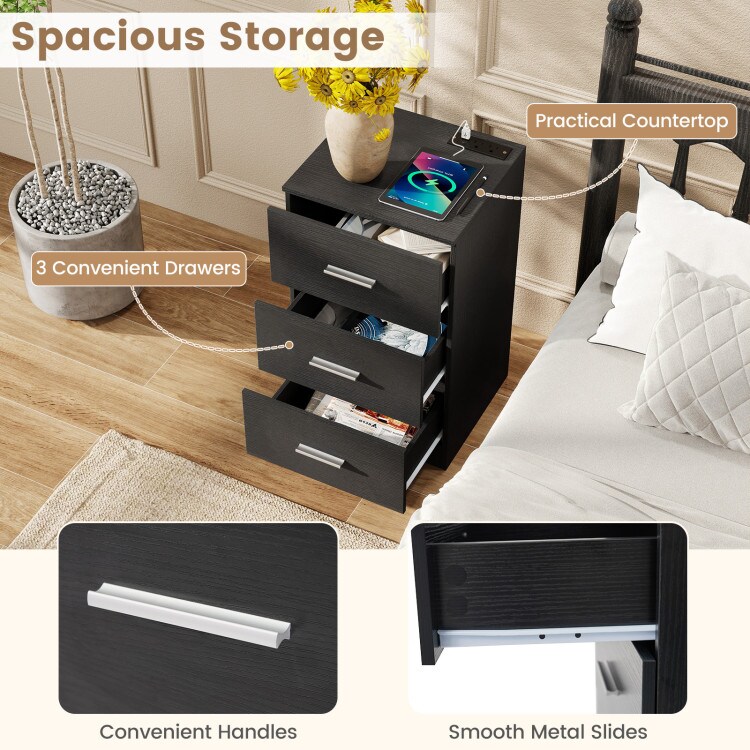 Bedside Nightstand with Charging Station and 3 Storage Drawers for Easy Organization