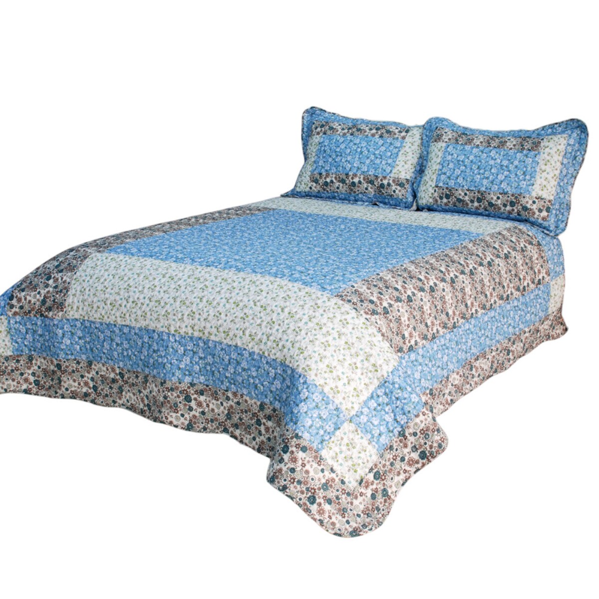 Blue Cotton Handmade Quilt Set Full/Queen with Hand-Stitched Floral Design