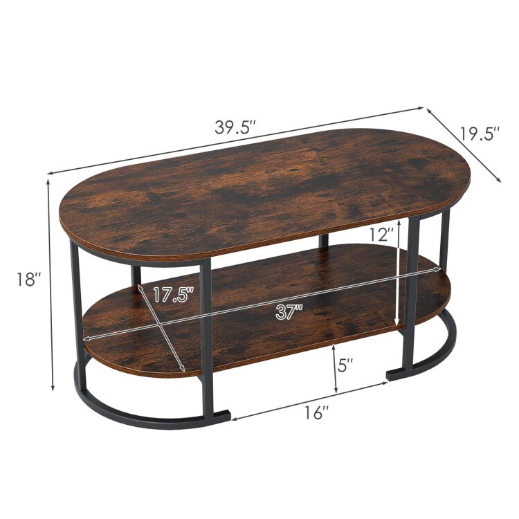 2-Tier Oval Coffee Table Wooden Accent Table with Open Storage and Spacious Top