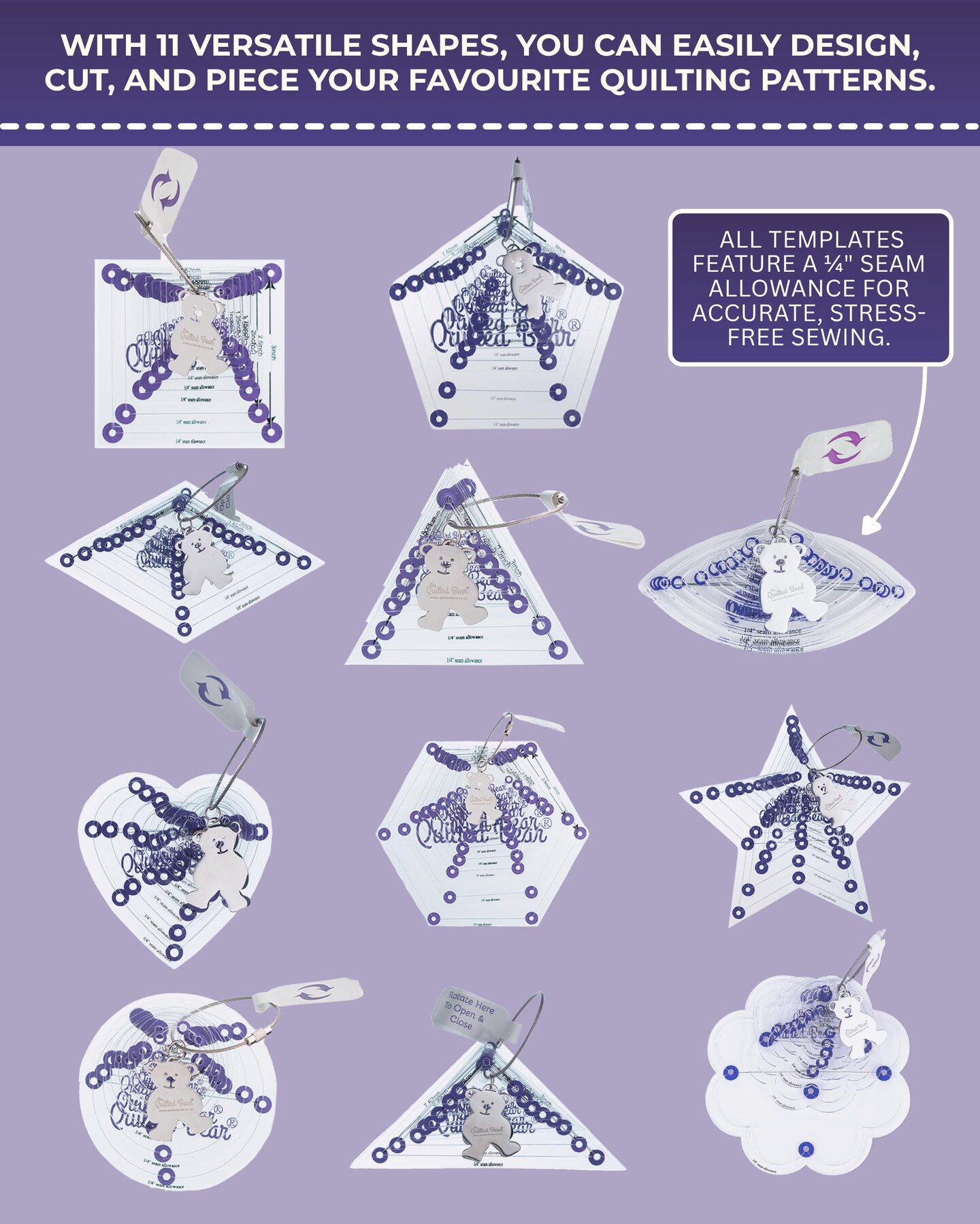 The Quilted Bear Diamond Quilting Templates – 8 Clear Non-Slip Acrylic Quilt Templates for Precise Fabric Cutting & Stress-Free Machine Quilting - Ideal for Quilt & Sewing Supplies (¾–3")