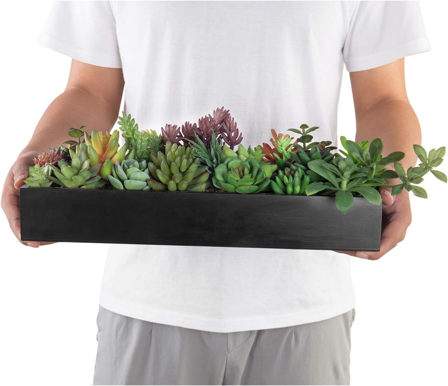 Artificial Succulent Centerpiece,15.75 Inch Faux Succulents Arrangement Plants in Sleek Black Wooden Rectangular Planter Box