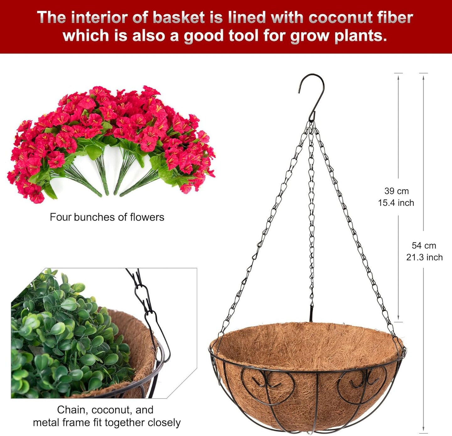 Artificial Hanging Plants Flowers with Basket for Spring (Red) 15.5"D x 15.5"W x 21.29"H