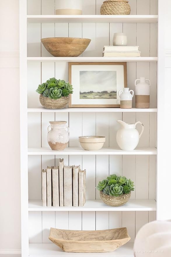 Artificial Succulent Arrangement in Cement Pot Fake Succulent Plant with Modern Gray Bowl Planter Faux Green Succulent for Home Living Room Shelf Desk Table Indoor Decor