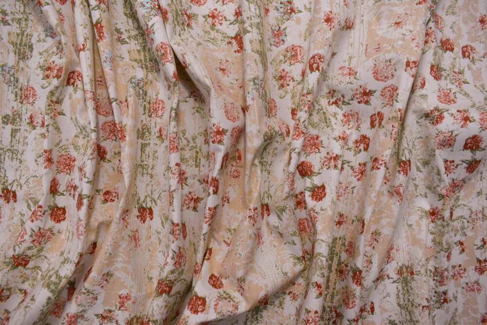 Peach-Multi  Floral Texture Printed Stretch Twill Sateen Woven Fabric By the Yard