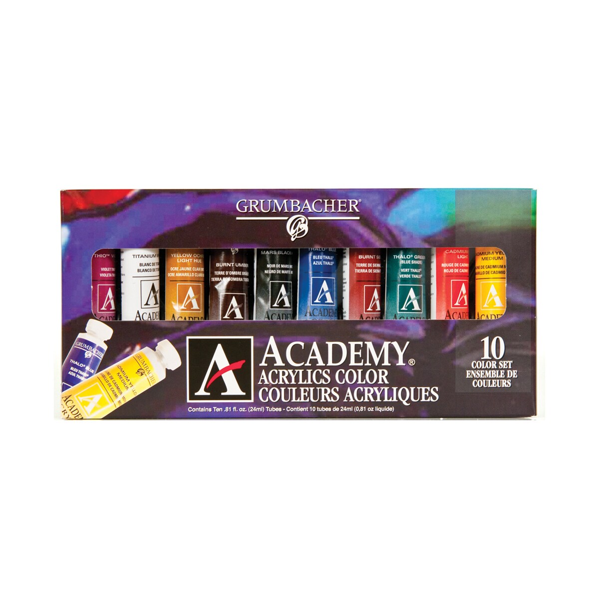 Grumbacher Academy Acrylics - Set of 10, Assorted Colors, 24 ml tubes