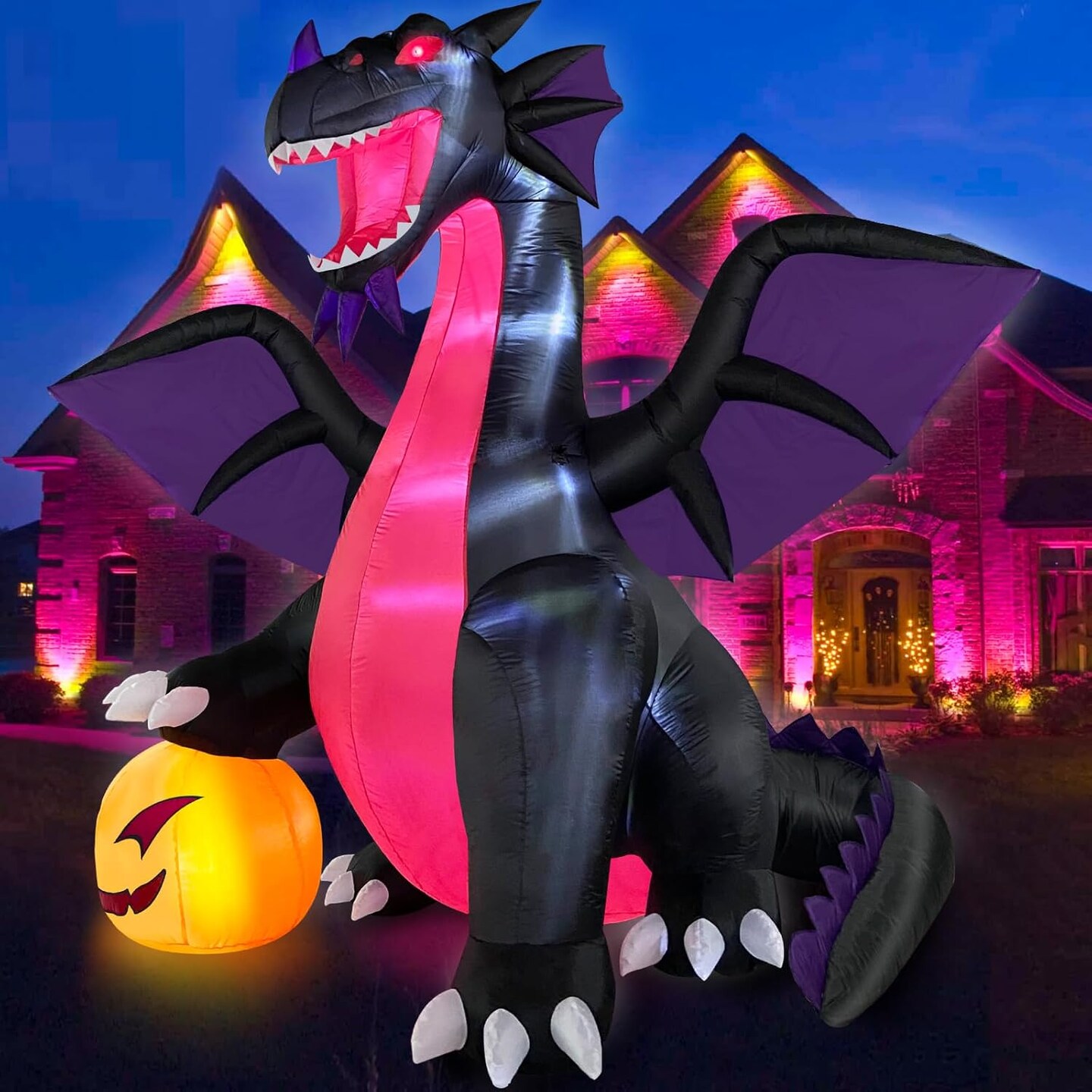 Halloween Inflatables - 9FT Purple Dragon with Pumpkin & LED