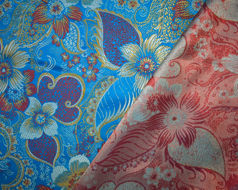 Aqua Blue-Multi Polyester Floral Chinese Brocade Woven Fabric By the Yard