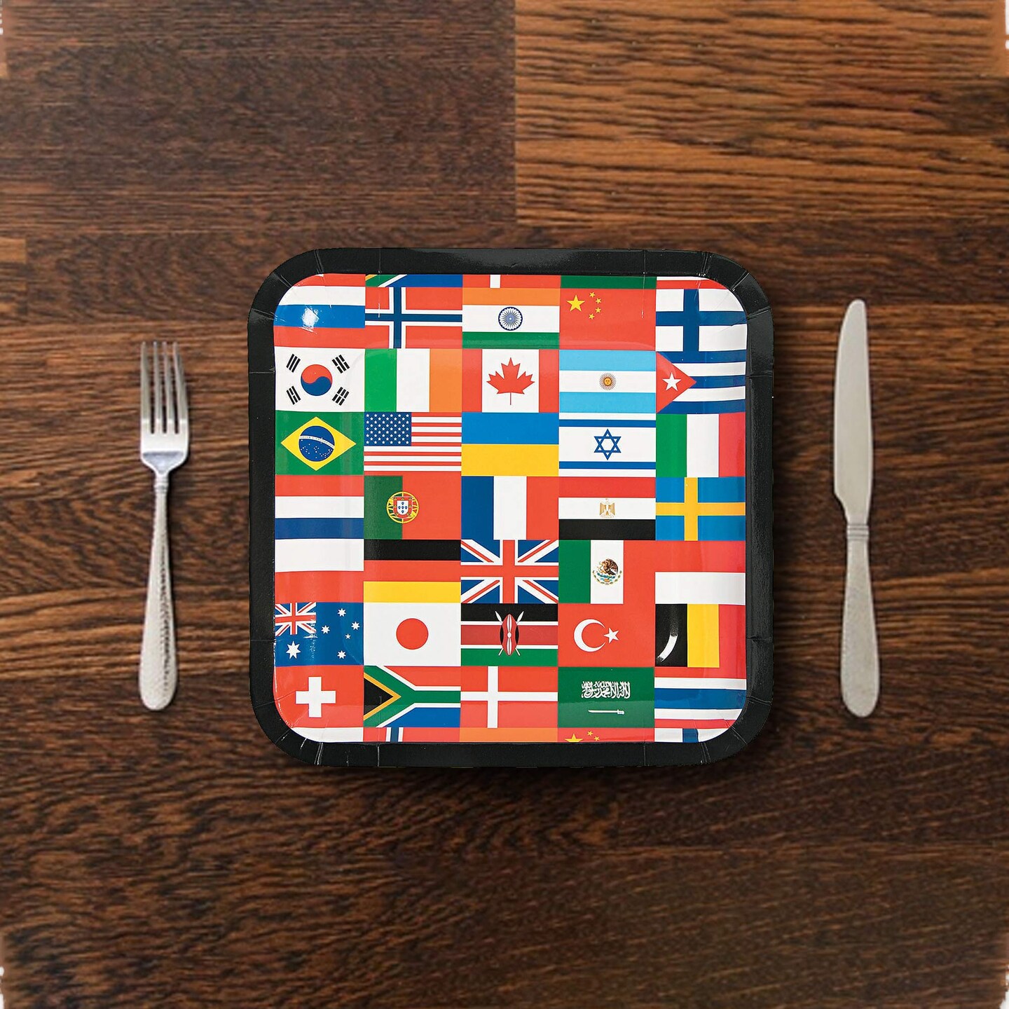 8 Ct. Flags of All Nations International Party Square Paper Dinner Plates 9" Multinational Flag Design